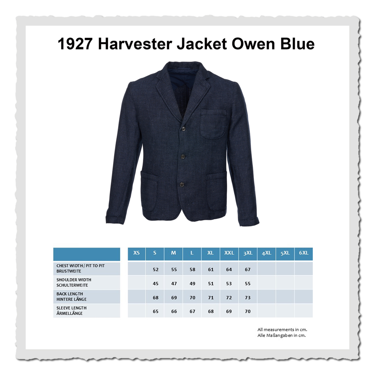 Masstabelle des Pike Brothers 1927 Harvester Jacket Owen Blue